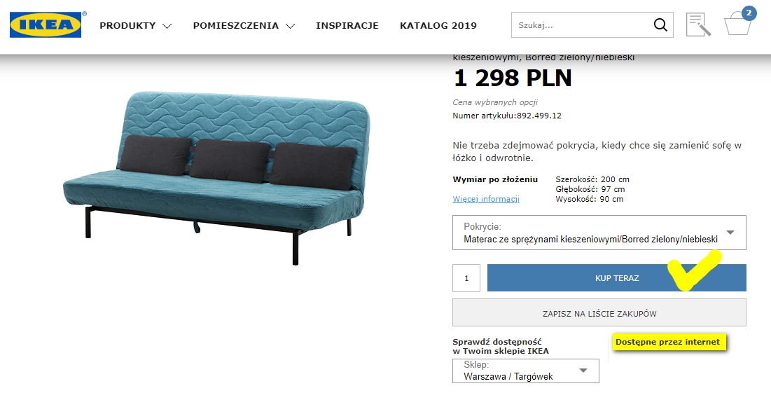 Выбираете товар на сайте ikea.pl, проверяете возможность его приобретения через интернет и наличие в магазине IKEA Targówek, кладете в корзину